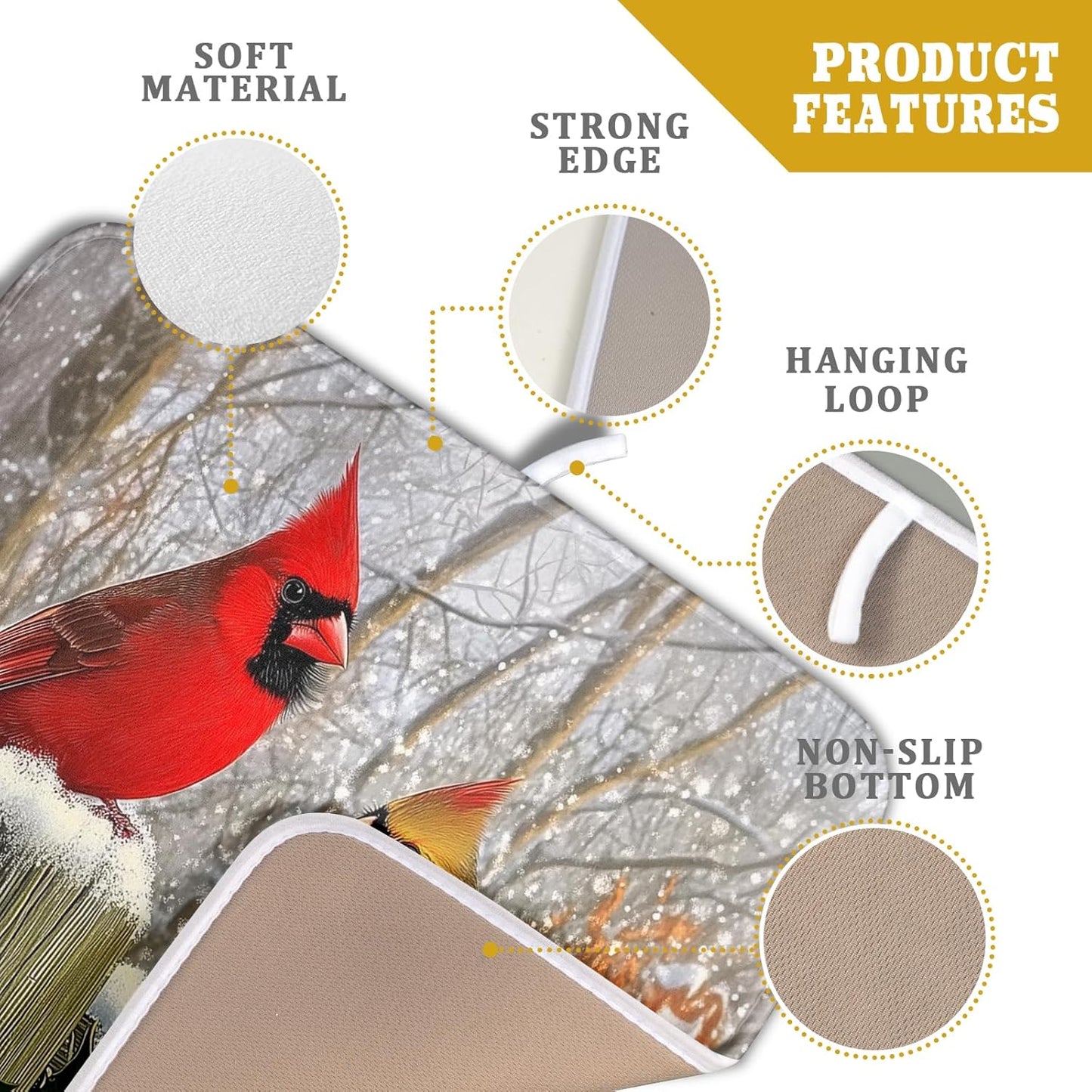 Winter Birds Dish Drying Mat Red Berry Dish Drainer Rack Mat Microfiber Absorbent Dish Drying Pad for Kitchen Counter Coffee Bar 16x18 Inch