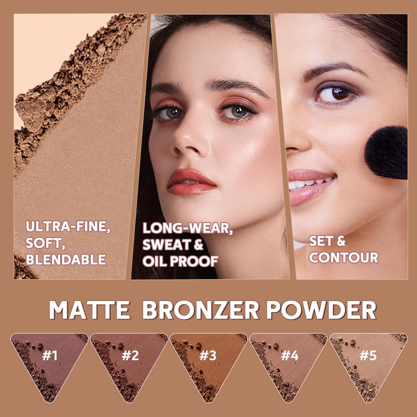 MAEPEOR Matte Bronzer Powder 5 Colors Buildable Natural Contour Bronzer Palette Long Lasting Setting Face Bronzered Powder (03 Tan)