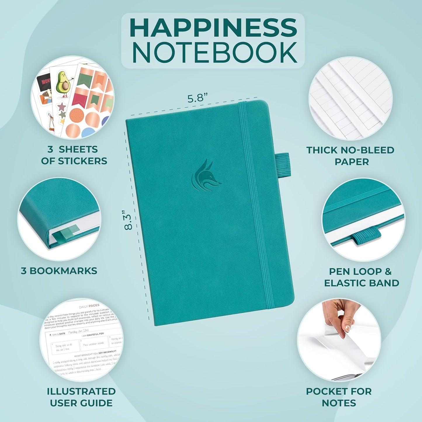 Clever Fox Happiness Notebook – Daily Positivity Journal for Women with Prompts & Positive Quotes – Affirmation & Self Esteem Gifts (Turquoise)