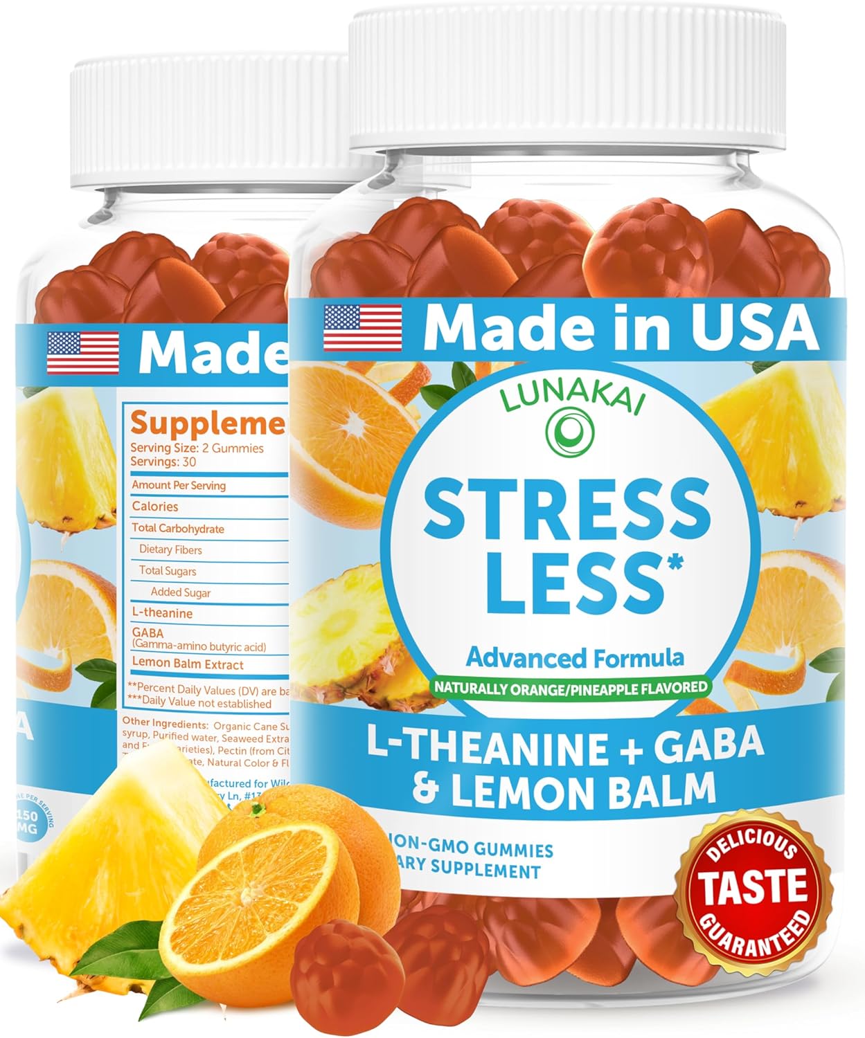 Lunakai USA Made Calm & Stress Relief Gummies – Delicious GABA + L-Theanine Calming Supplement for Adults & Kids – Natural Stress Support, 60ct