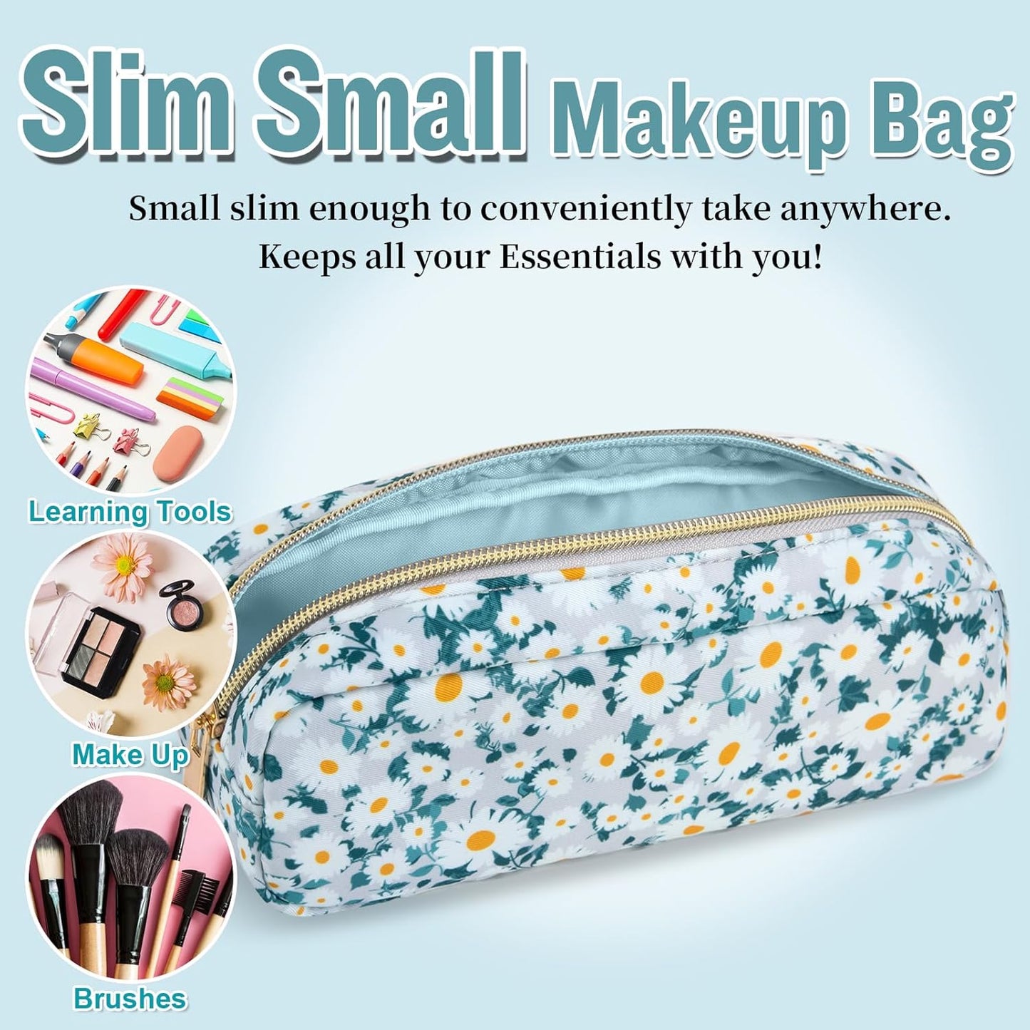 izuzta Nylon Small Floral Makeup Bag Slim Pouch, Preppy Cute Makeup Brush Case Bag Flower Cosmetic Zipper Pouch Purse, Waterproof Travel Toiletry Bag Coin Pouch Make Up Organizer Women(Green-Daisy)