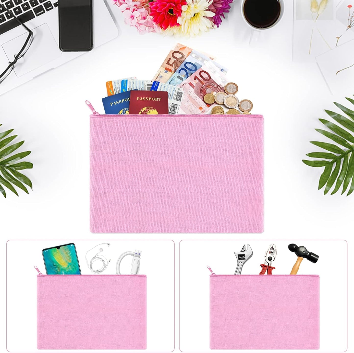 12 Pieces Cotton Canvas Makeup Bag, Multipurpose Cosmetic Bag with Zipper Travel Toiletry Pouch, Blank DIY Craft Bag (Pink, S)