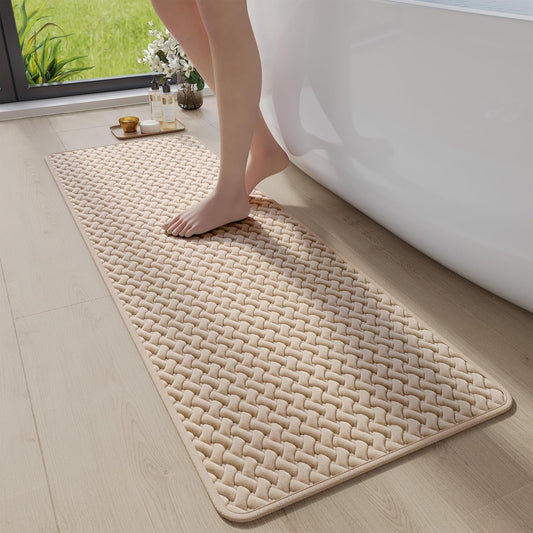 Bathroom Runner Rug Non Slip, Super Absorbent Quick Dry Long Bath Mat, Foam Weave Texture Rubber Backing Ultra Thin Bathroom Mats Fit Under Door Bathroom Floor Bathtub Shower