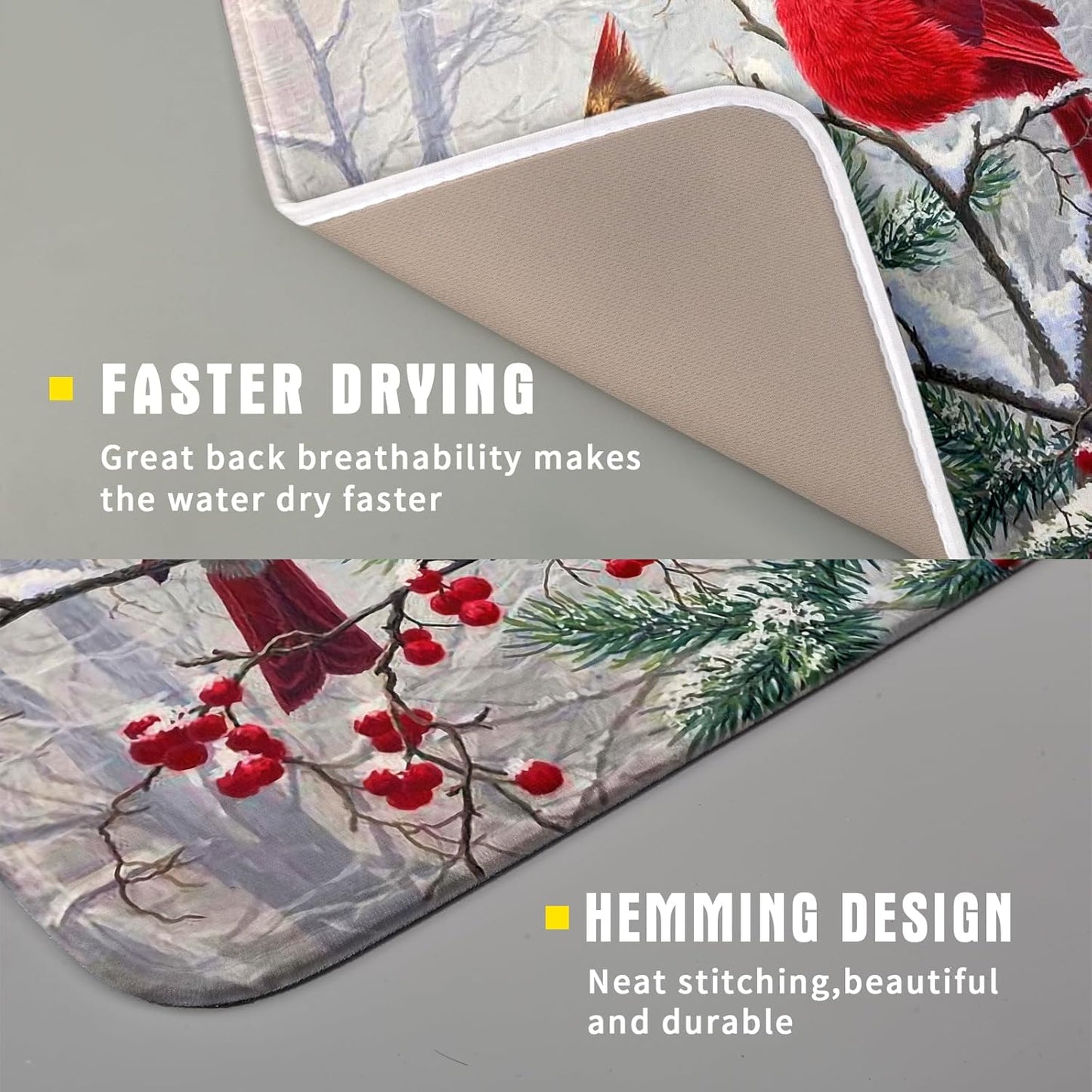 Red Bird Dish Drying Mat Merry Christmas Dishes Pad Absorbent Fast Dry Dish Drainer Mat Protector for Kitchen Counter 16 x 18 Inches