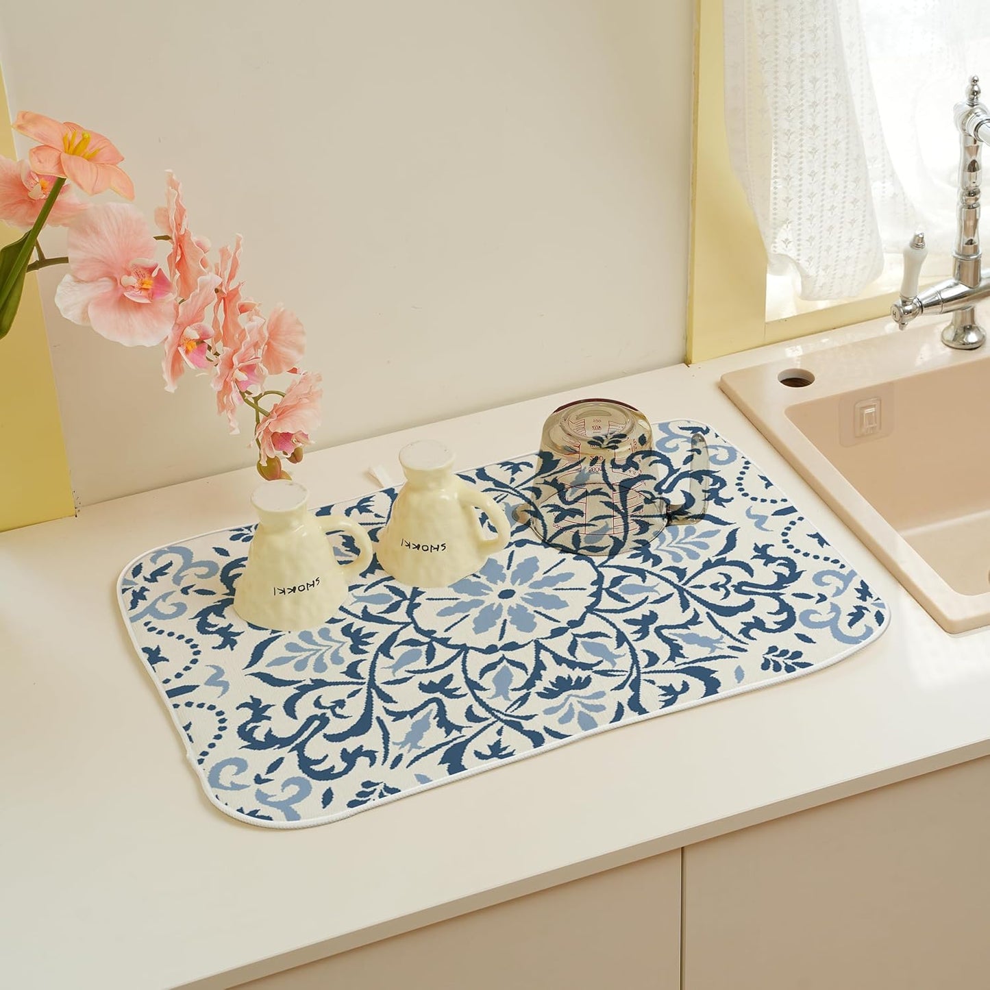 Blue Dish Drying Mat for Kitchen Counter, 18x24 Inch Navy Blue Boho Style Floral Absorbent Dish Drying Pad Heat Resistant Mat Coffee Bar Mat Dish Drainer Rack Mat