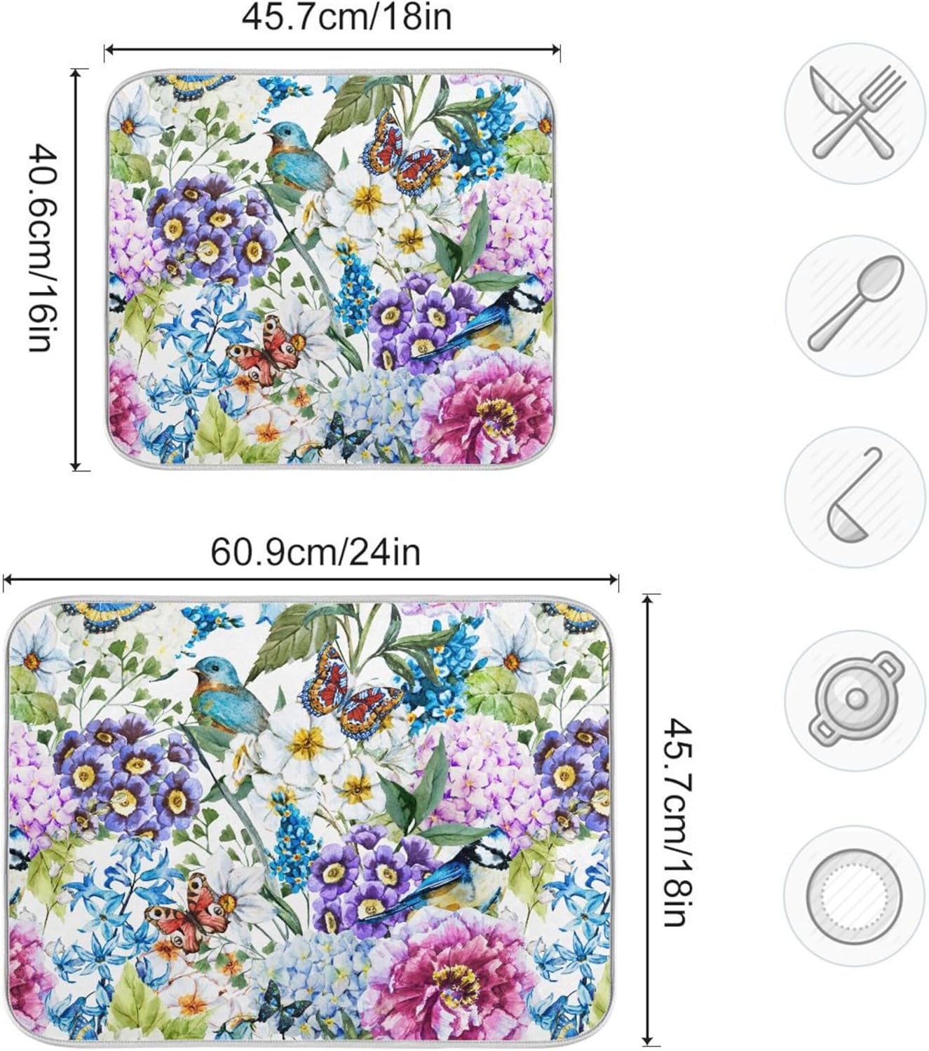 Floral Birds Dish Drying Mat for Kitchen Spring Globe Daisy Butterfly Flowers Microfiber Drying Mats Absorbent Reversible Dish Pad Medium Dish Draining Mat 16x18 inch