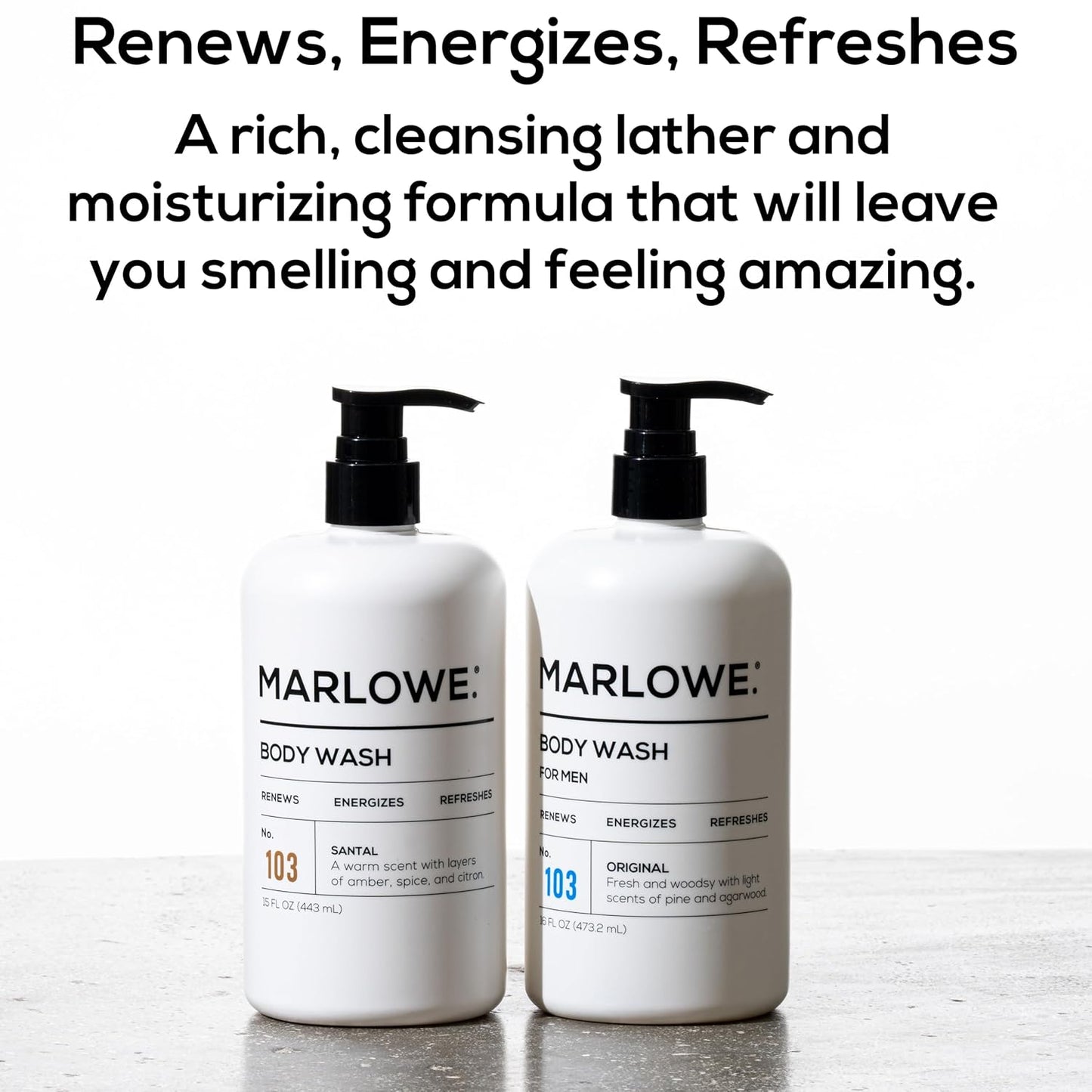 MARLOWE. No. 103 Body Wash 16 oz Pump, Original, Energizing & Refreshing Shower Gel with Willow Bark & Green Tea Extracts, Cleanses, Moisturizes, Smooths & Nourishes, Fresh Pine & Agarwood Scent