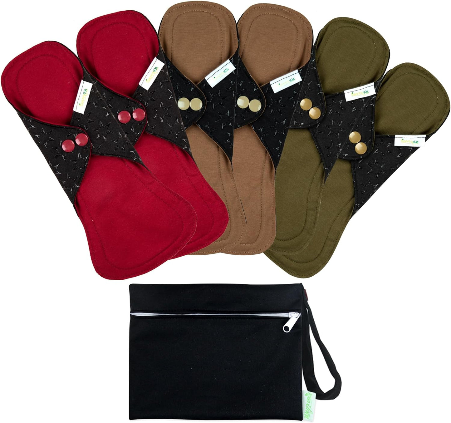 wegreeco 6 Pcs Reusable Menstrual Pads, Ultra Absorbent Cloth Pads for Light/Heavy Flow, Sanitary for Teens, Women, Nonslip Panty Liners + Bag (Aqua, Burgundy, Coffee, L)