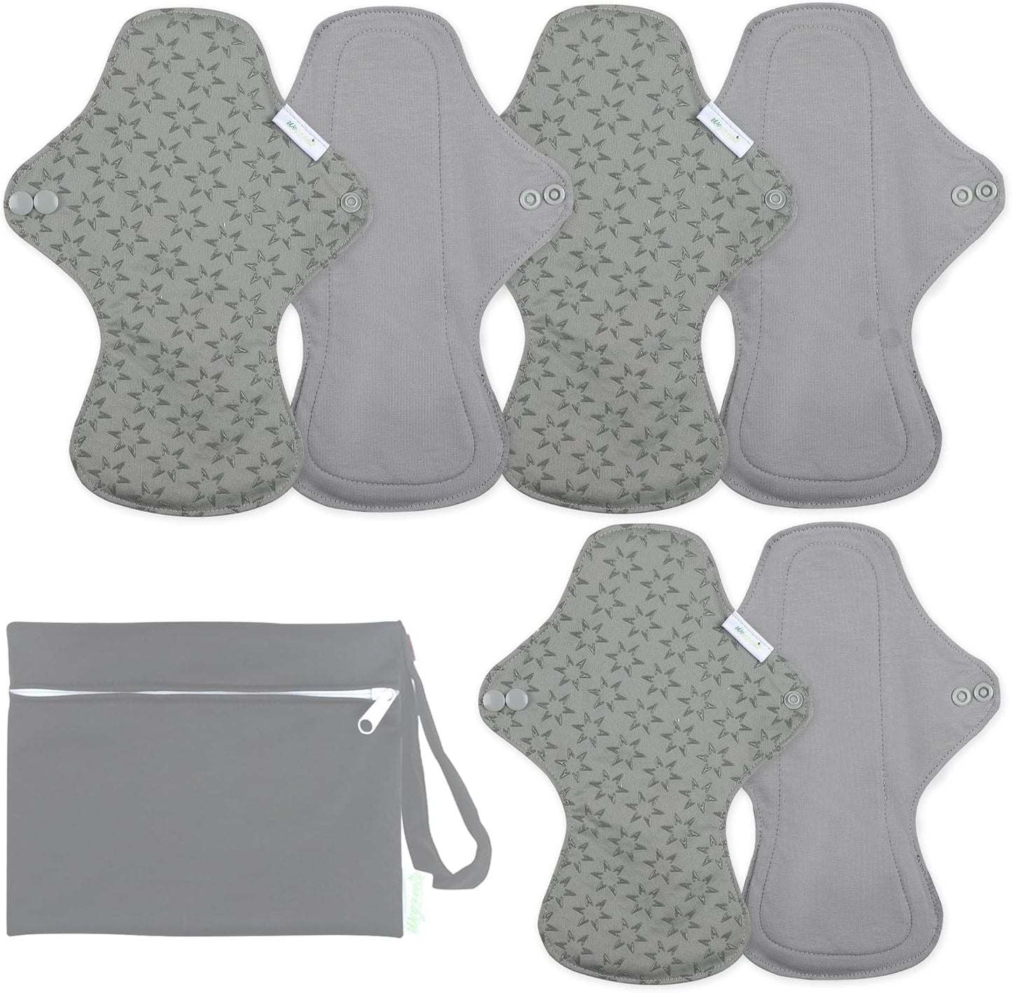 wegreeco 6 Pcs Reusable Menstrual Pads, Ultra Absorbent Cloth Pads for Heavy Flow, Sanitary for Teens, Women, Nonslip, Grey Inner, Grey Outer, Medium