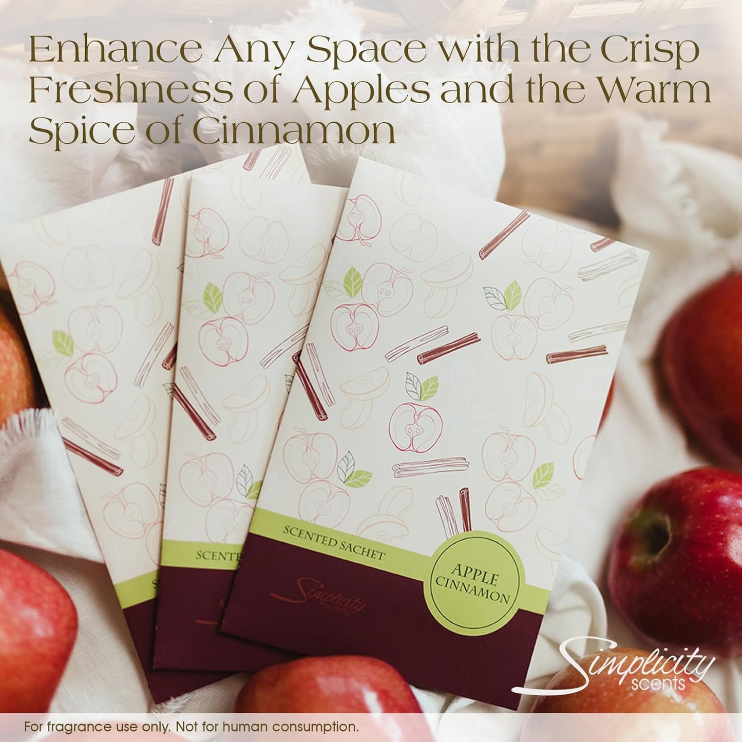 Simplicity Scents Apple Cinnamon Scented Sachets Pack of 6, Fall & Winter - Long-Lasting Scented Bags, Home Fragrance, Air Freshener & Deodorizer for Closet, Room, Drawer, or Cars, Made in USA