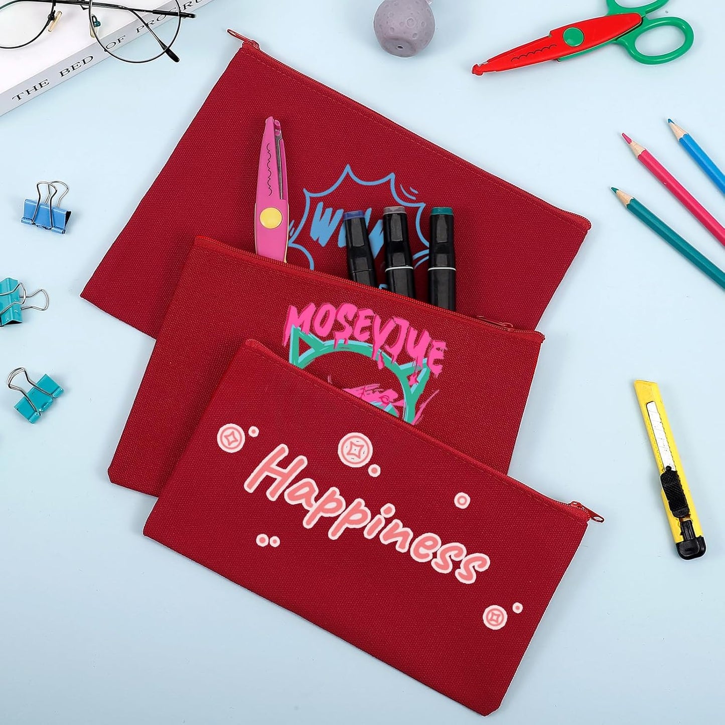 12 Pieces Cotton Canvas Makeup Bag, Multipurpose Cosmetic Bag with Zipper Travel Toiletry Pouch, Blank DIY Craft Bag (Red, M)