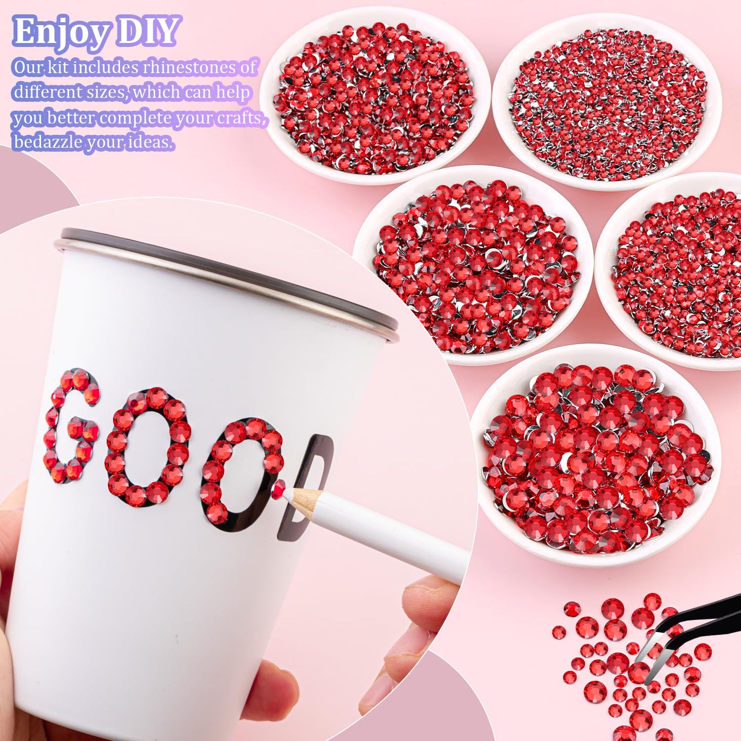 30000Pcs Red Rhinestones for Bedazzling with B7000 Jewelry Glue, Bedazzler Kit Flatback Gems, Resin Rhinestones for Crafting Crafts Clothing Shoes Fabric Nail Art Assorted Size 2/3/4/5/6mm
