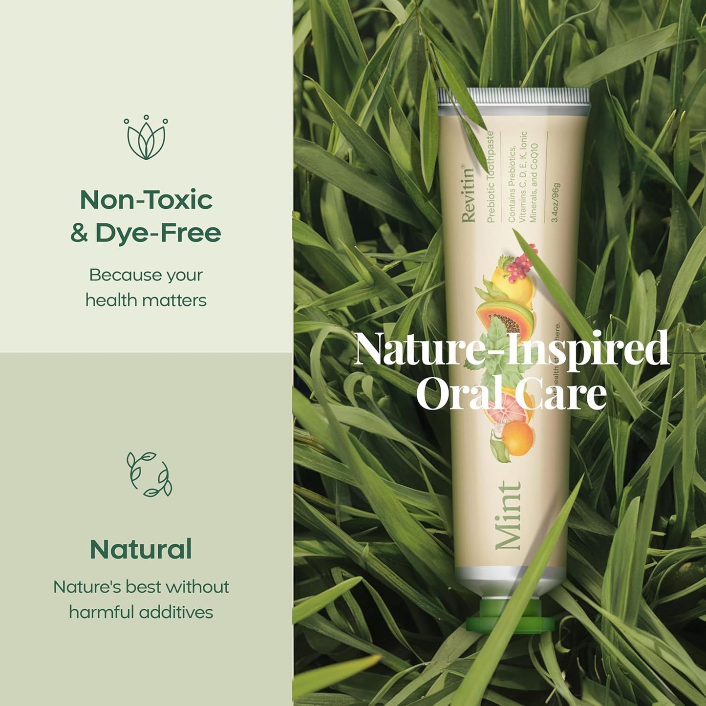 Revitin Toothpaste | Fluoride-Free Prebiotic Mint Tooth Gel | No SLS, Gluten Free, Dye Free, GMO Free, No Sweeteners | Non-Toxic, Kid Approved