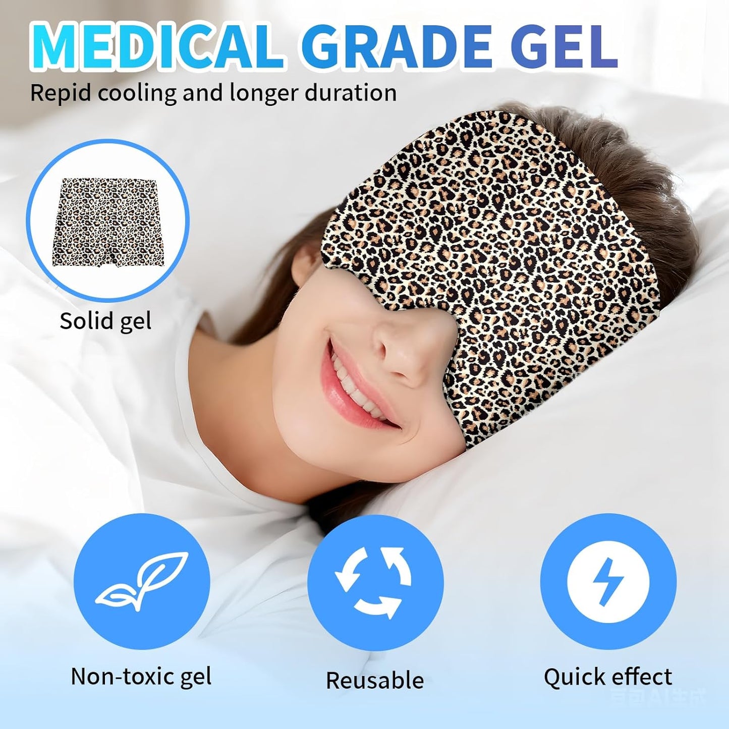 Migraine Relief Cap,Headache Relieve Cap,Leopard Print Reusable Gel Ice Head Wrap Cap for Tension,Stress,Hangover & Puffy Eyes.