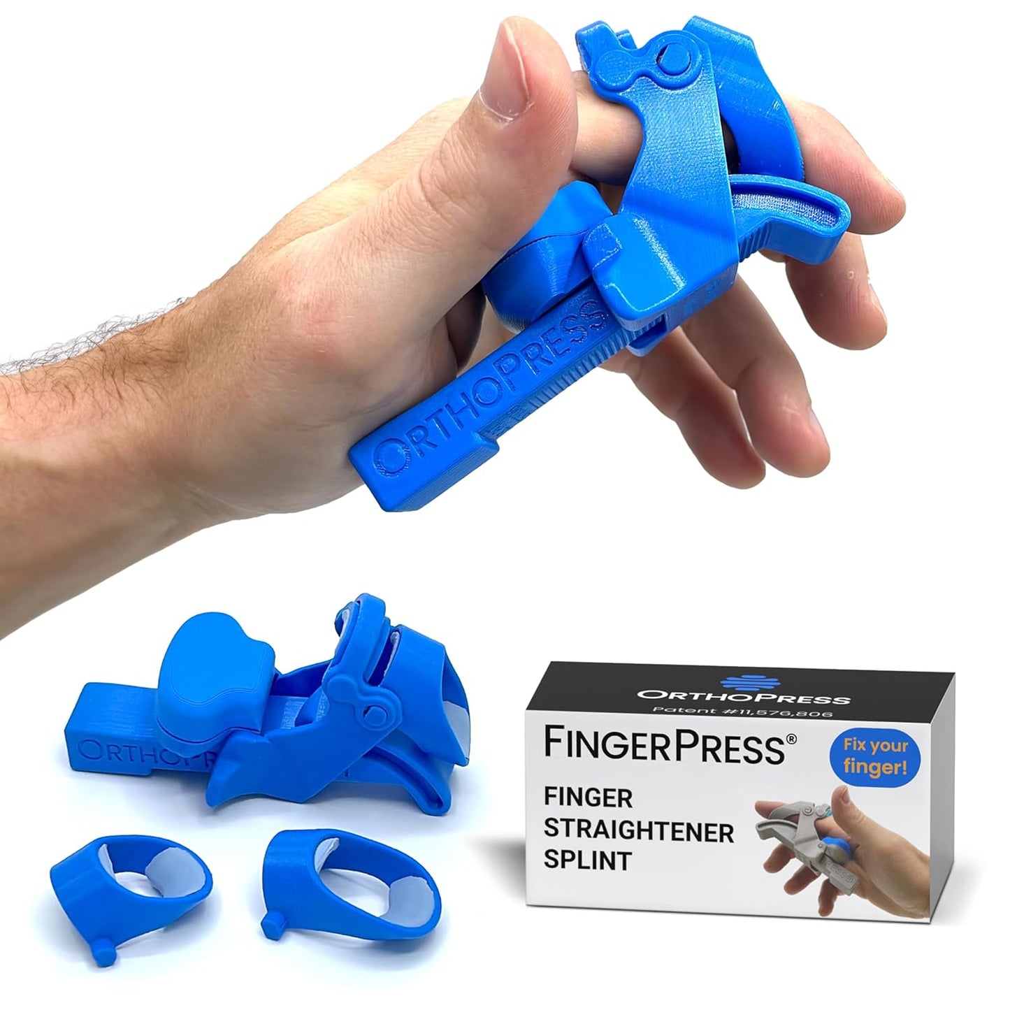 Finger Straightener | PIP Extension Orthosis/Splint For Bent Fingers, PIP Flexion Contractures | Adjustable Joint Stretcher Device | Made in USA | Blue/Small