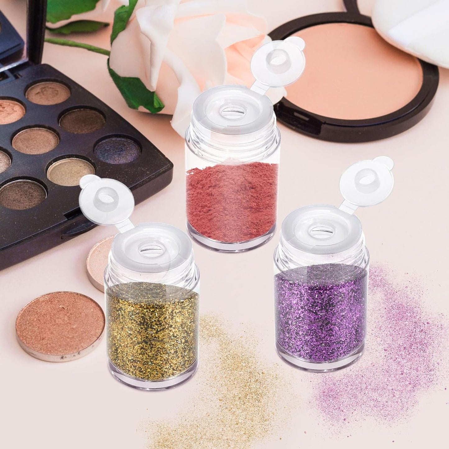 RAYNAG 6 Pieces Mini Empty Loose Powder Bottle, Travel Size Glitter Containers Eye Shadow Powder Shaker Bottle with Sifter and Lids (Single hole)
