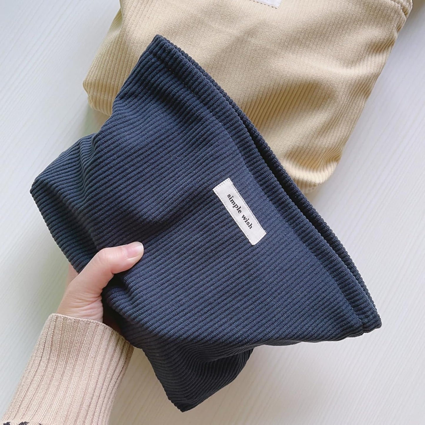 Wudygirl Cosmetic Bags for Women Travel Makeup Bag Aesthetic Women Handbags Purses Large Capacity Corduroy Toiletry Bag Zipper Pouch(Navy Blue)