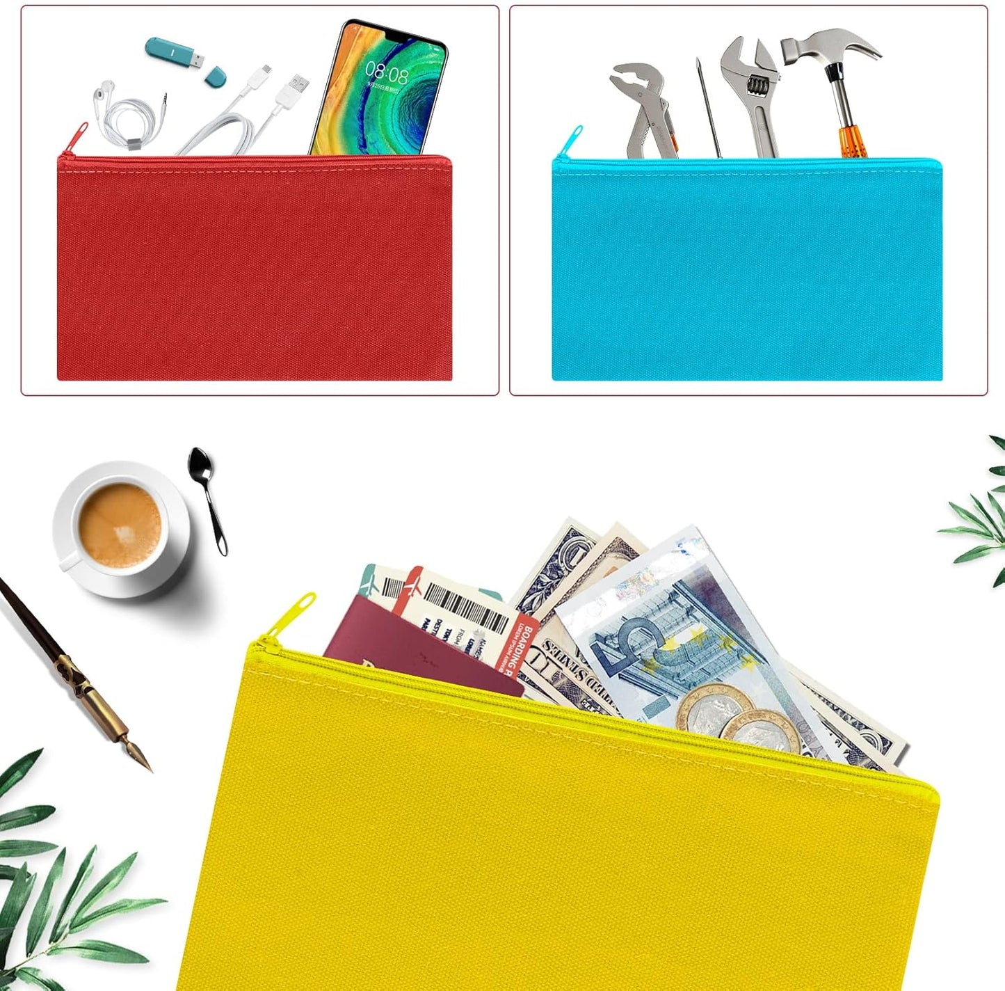 12 Pieces Cotton Canvas Makeup Bag, Multipurpose Cosmetic Bag with Zipper Travel Toiletry Pouch, Blank DIY Craft Bag (Multicolored A, L)