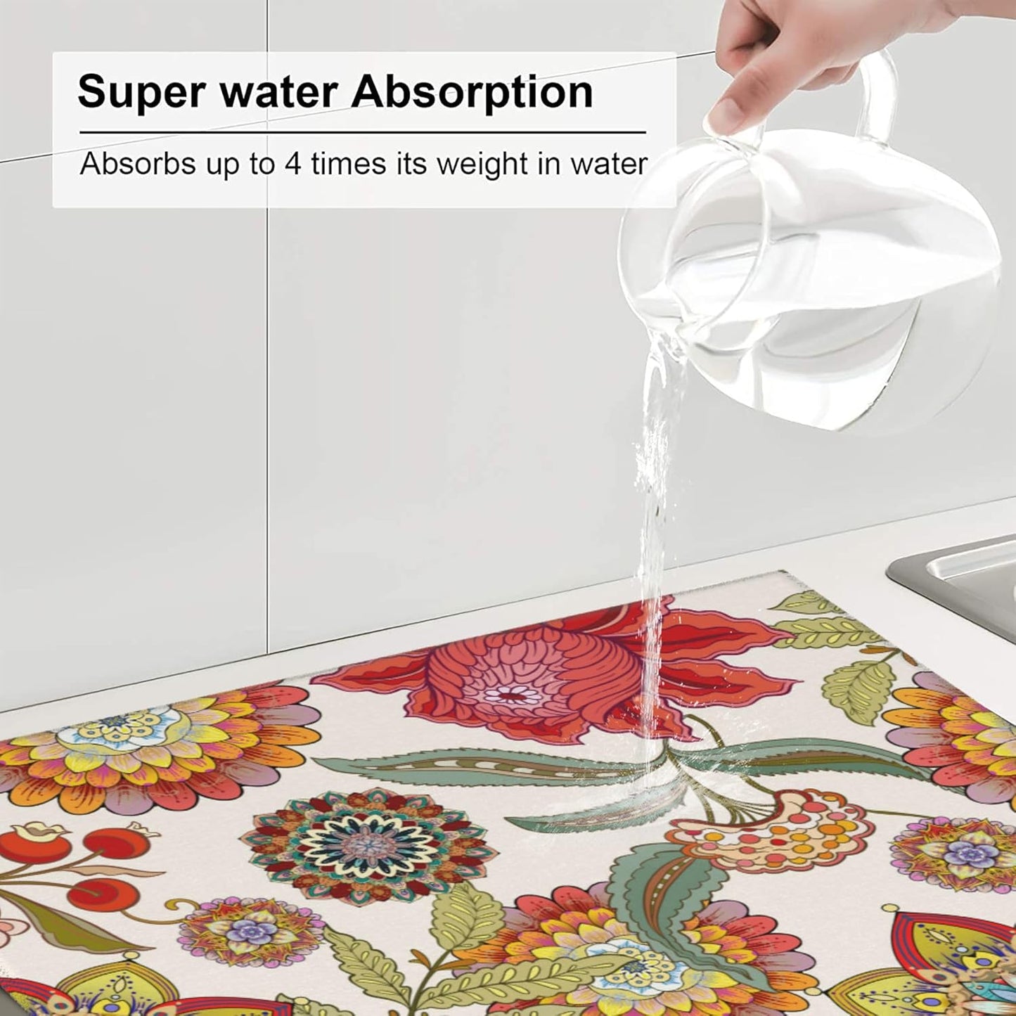 Boho Floral Dish Drying Mat for Kitchen Counter Washable Absorbent Reversible Microfiber Colorful Decorative Drying Pad Kitchen Accessories 16x18 Inch