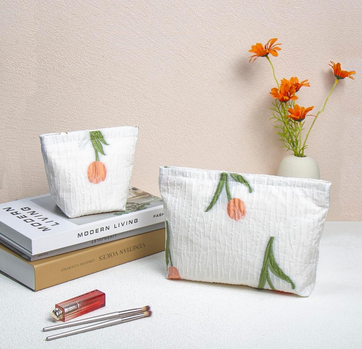 2 Pcs Makeup Bags, Large Cosmetic Bag Travel Toiletry Bag Organizer for Women, Embroidery Craft, Floral Makeup Bag Small Cosmetic Pouch Purse with Zipper Gifts for Girls Teen