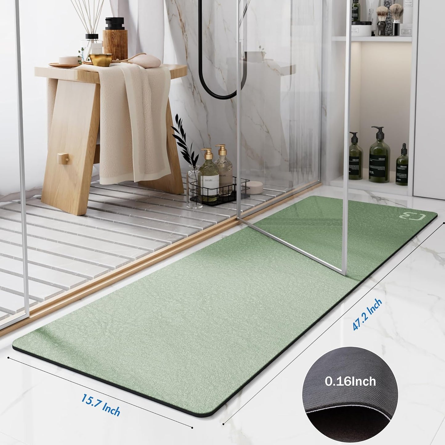 Sage Green Bath Mat 15.7"x47.2" Extra Long Bathroom Mat Large Fast Dry Super Absorbent Non-Slip Rubber Backed Shower Mat Bath Rugs Mats for Bathroom Floor, Tub, Shower, Sink