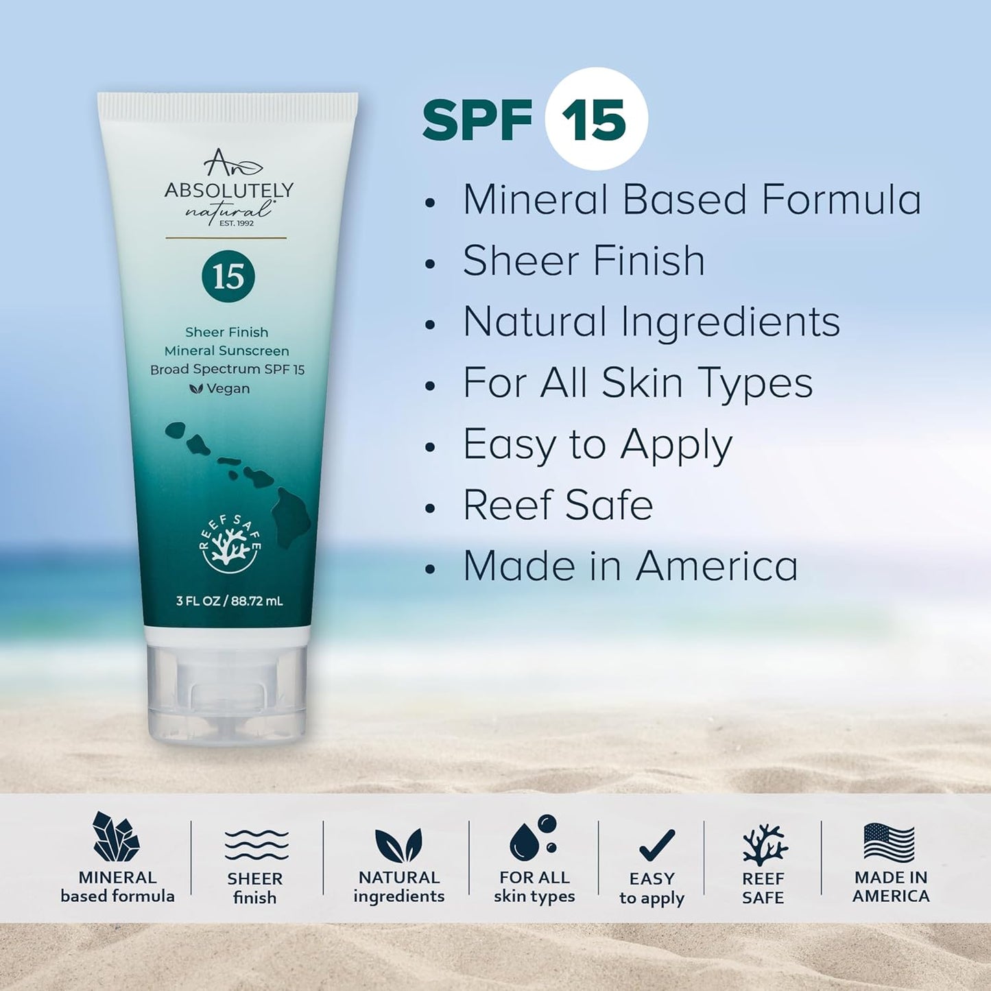 SPF 15 Mineral Sunscreen - Broad Spectrum Water Resistant Moisturizer Lotion For Body & Face - With Non-Nano Zinc Oxide, Vitamin E, & Antioxidants - Made in USA, 3 Oz