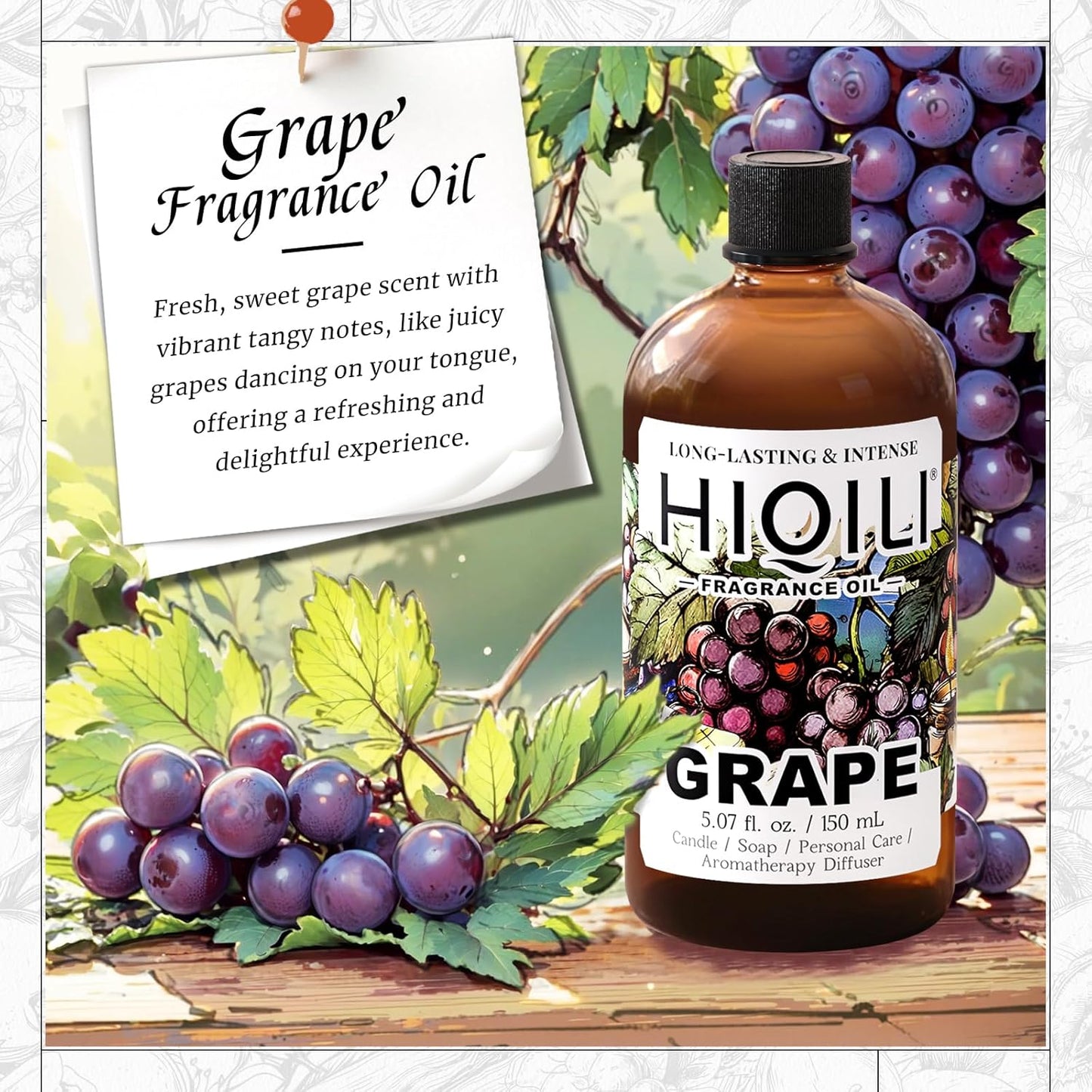HIQILI Grape Fragrance Oil for Diffuser & Oil Burner, Fruity Scents for Making Candles, Hand Soap, Air Freshener, Long Lasting - 5.07 Fl Oz