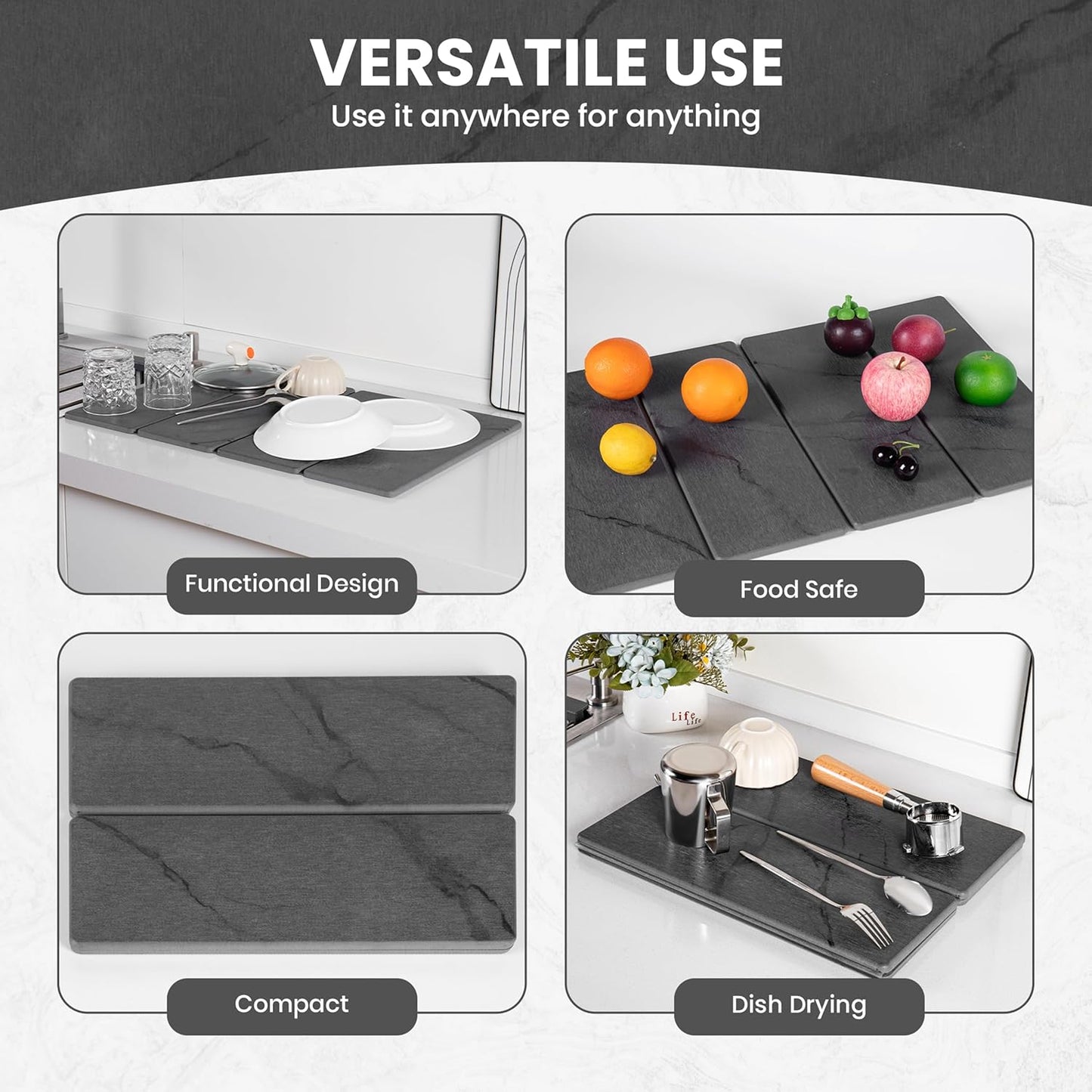 Dusk & Decor Folding Stone Dish Drying Mat – Quick-Drying Diatomaceous Earth Kitchen Mat for Counter – Foldable, Non-Slip Diatomite Sink Tray for Dishes and Utensils - Gray