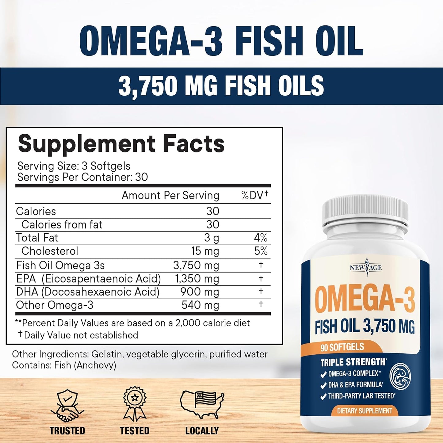 Triple Strength Omega 3 Fish Oil 3750 mg - EPA & DHA - Over 3000mg Omega-3 Fatty Acids - 1350mg EPA + 900mg DHA - Best Essential Fatty Acids, Burpless Fish Oil - 270 Count