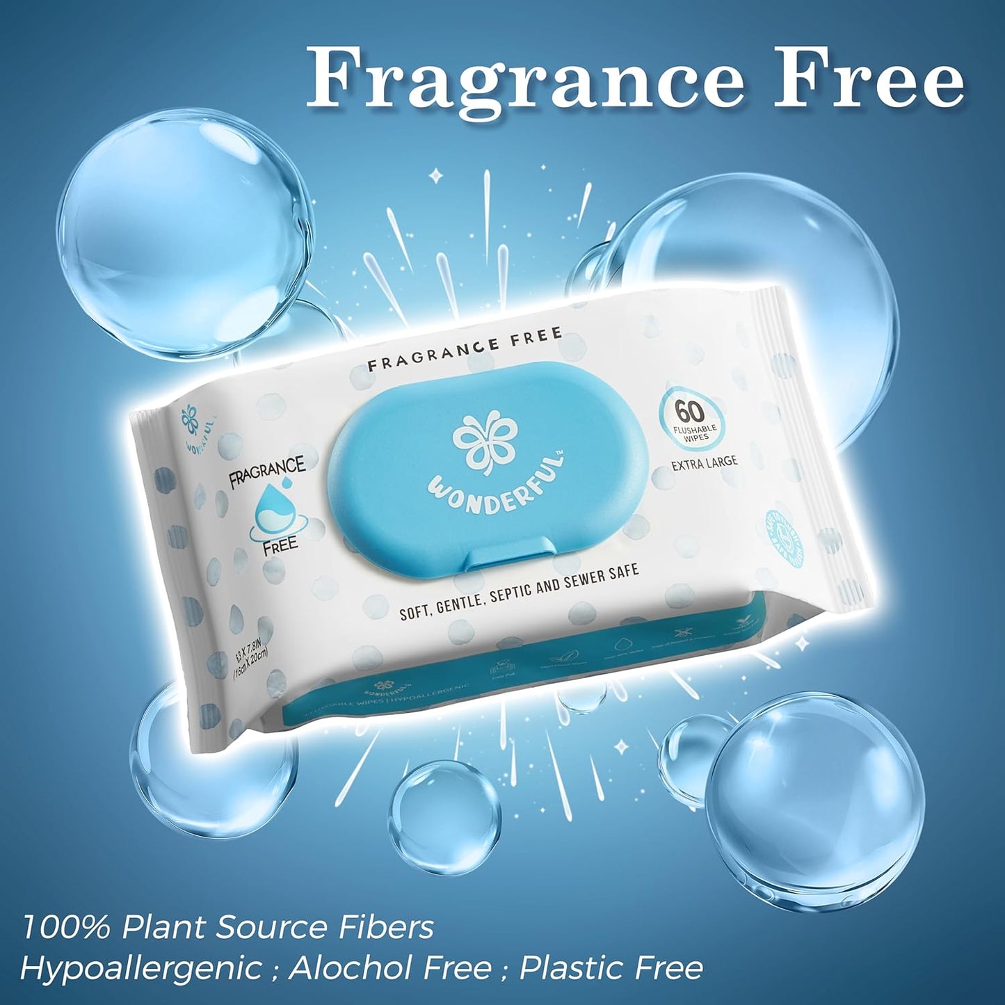 WONDERFUL Flushable Butt Wipes, Unscented 100% Plant-Based Wet Wipes for Adults & Kids, Sewer & Septic Safe, Gentle for Sensitive Skin, Wipes Flushable Pack for Bathroom & Travel, 1-Pack (60 Wipes)