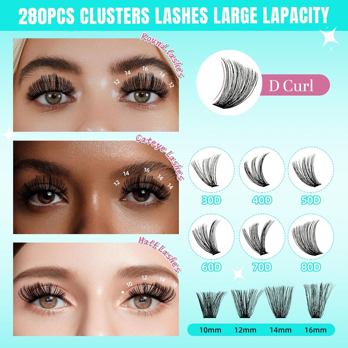 Lash Clusters Wispy 280PCS Eyelash Extension 80D Cluster Lashes Individual Lashes DIY Lash Extension Natural Look Cluster Eyelash Extensions Soft False Eyelashes at Home for Beginners(10mm)