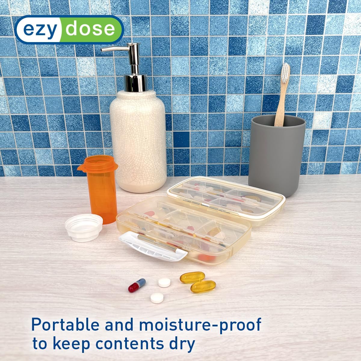 EZY DOSE Moisture-Proof Pill Case, Medicine Planner, Vitamin Organizer Box, Travel-Friendly, Latch-Closure to Secure Contents, 8 Individual Compartments of Multiple Sizes with Tight Seal, Large, Cream