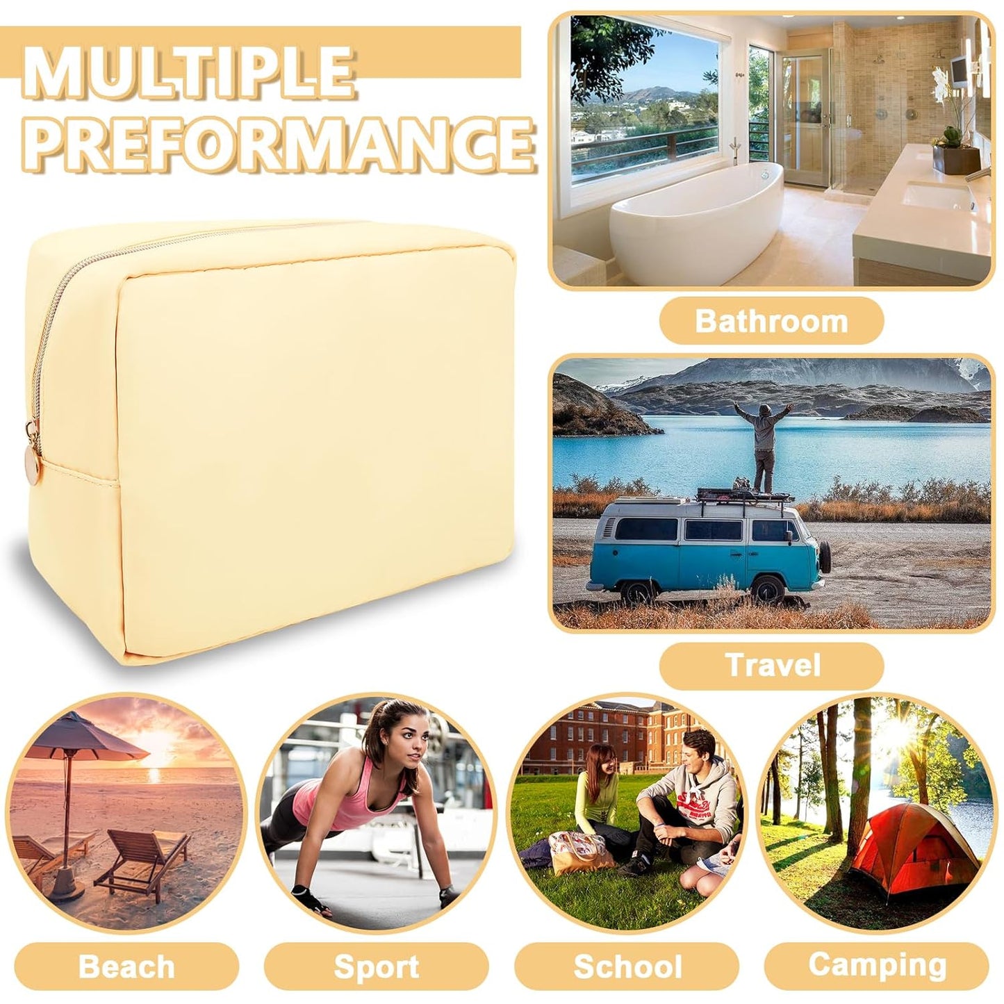 Large Makeup Bag Pouch,Nylon Women Travel Toiletry Storage Bag Preppy Cosmetic Bag for Girls,Big Makeup Organizer Bag Cute Zipper Pouch Skincare Bag for Sport Work Gift(Large-Sand)