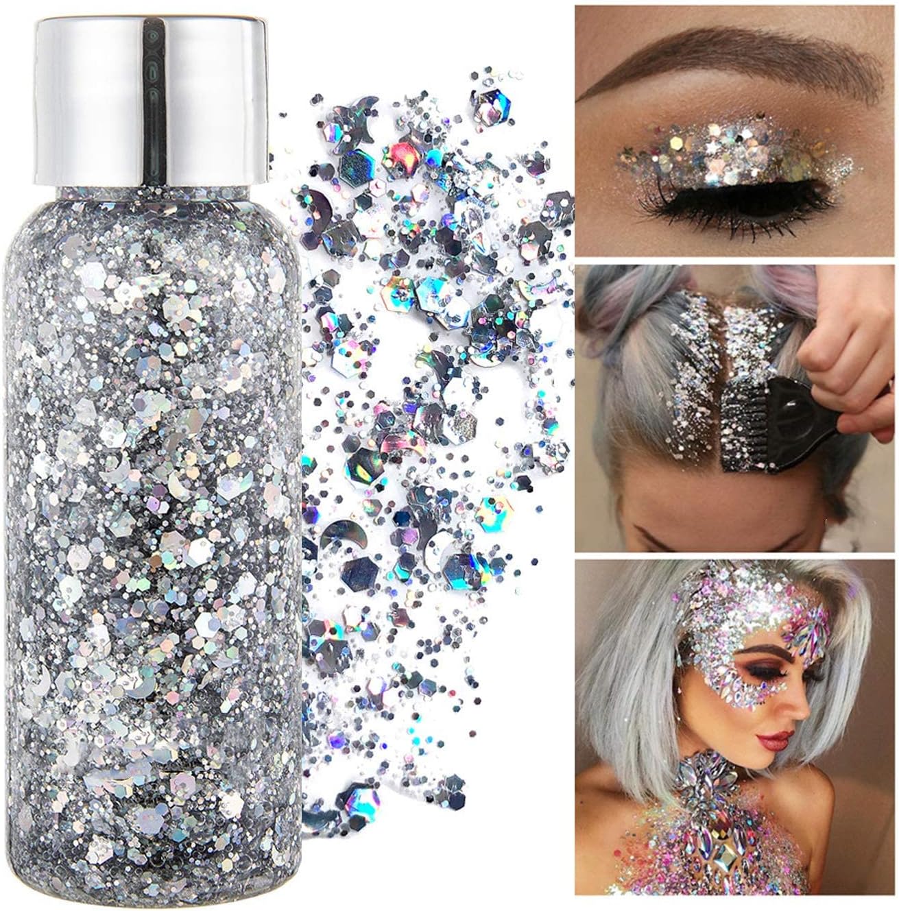 MAEPEOR Chunky Face Body Glitter Gel 19 Colors Mermaid Sequins Holographic Body Glitter Gel Long-Lasting Festival Makeup Glitter Paint for Face Body Hair Nails (30g, 01 Silver)