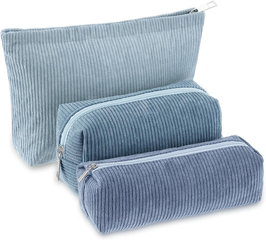 3 Pcs Makeup Bag Set for Women Corduroy Cosmetic Pouch Aesthetic Smile Travel Toiletry Bag Cute Purse Pouch Pencil Case Makeup Brushes Storage Organizer for Christmas(Blue,Gradient)