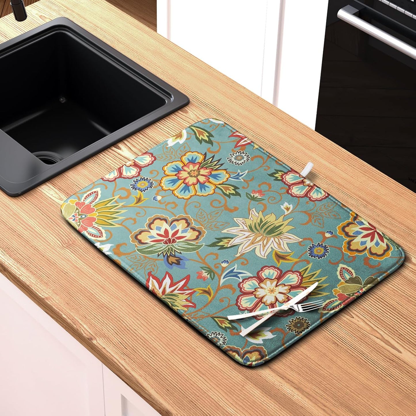 Boho Floral Kitchen Dish Drying Mat for Dishes 16x18 Inch Vintage Mandala Colorful Flowers Drying Mat Green Bohemian Dish Drainer Mat Super Absorbent Dish Rack Pad for Coffee Bar Sinks