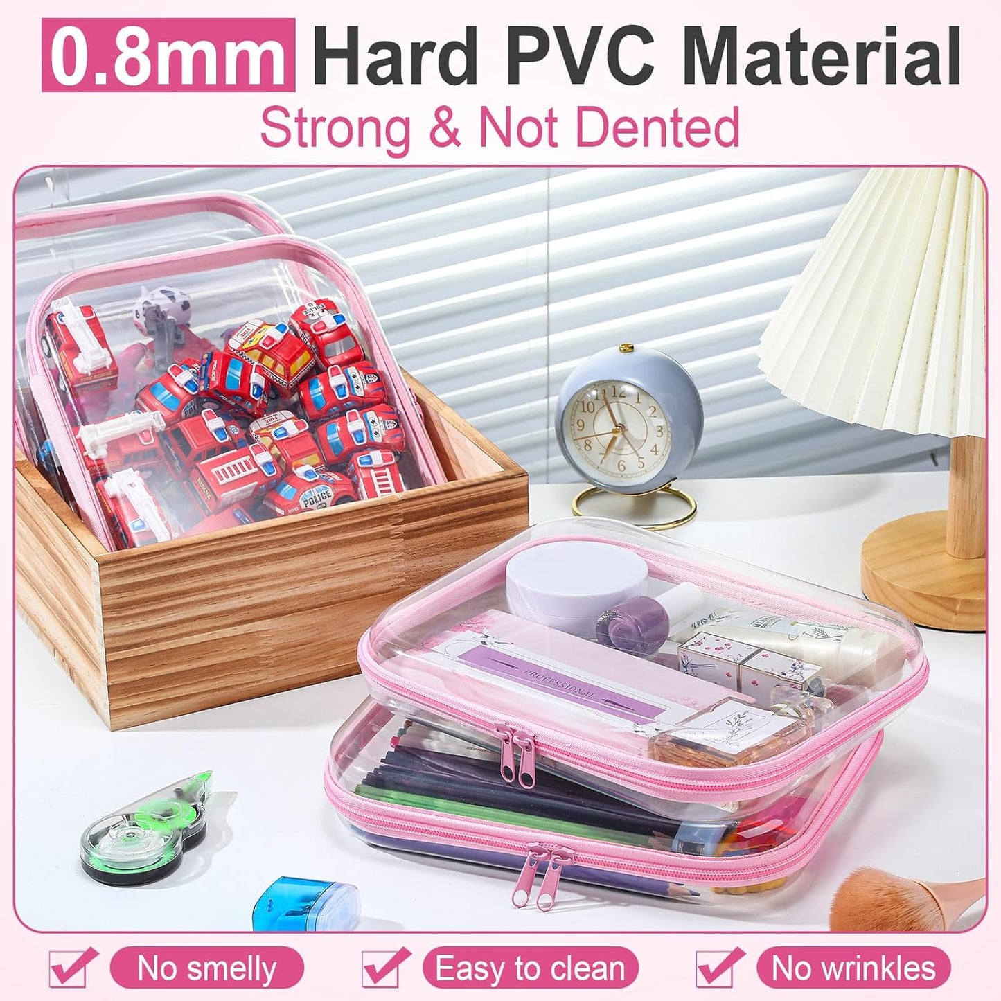 Sanwuta 6 Pcs Clear Hard Zipper Case Pencil Pouches Hard Plastic Zipper Pouches Makeup Bag Transparent Cases for Snacks Plastic Storage Organizer Box for Travel(Pink,9.84 x 7.87 x 2 Inch)