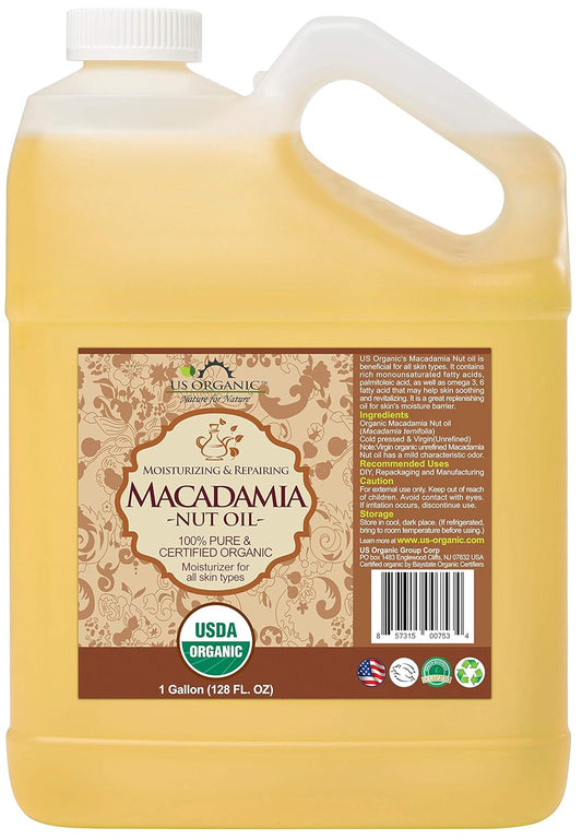 US Organic Macadamia Nut Oil Unrefined Virgin, Certified Organic, Pure & Natural, Cold Pressed, Size for DIY and small manufacturers (128 oz (1 Gallon))
