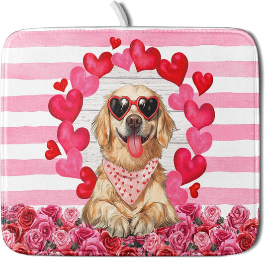 Valentine's Day Dog Dish Drying Mat for Kitchen Counter 16x18 inch Heart Rose Absorbent Dish Drainer Rack Mats for Coffee Bar Countertop