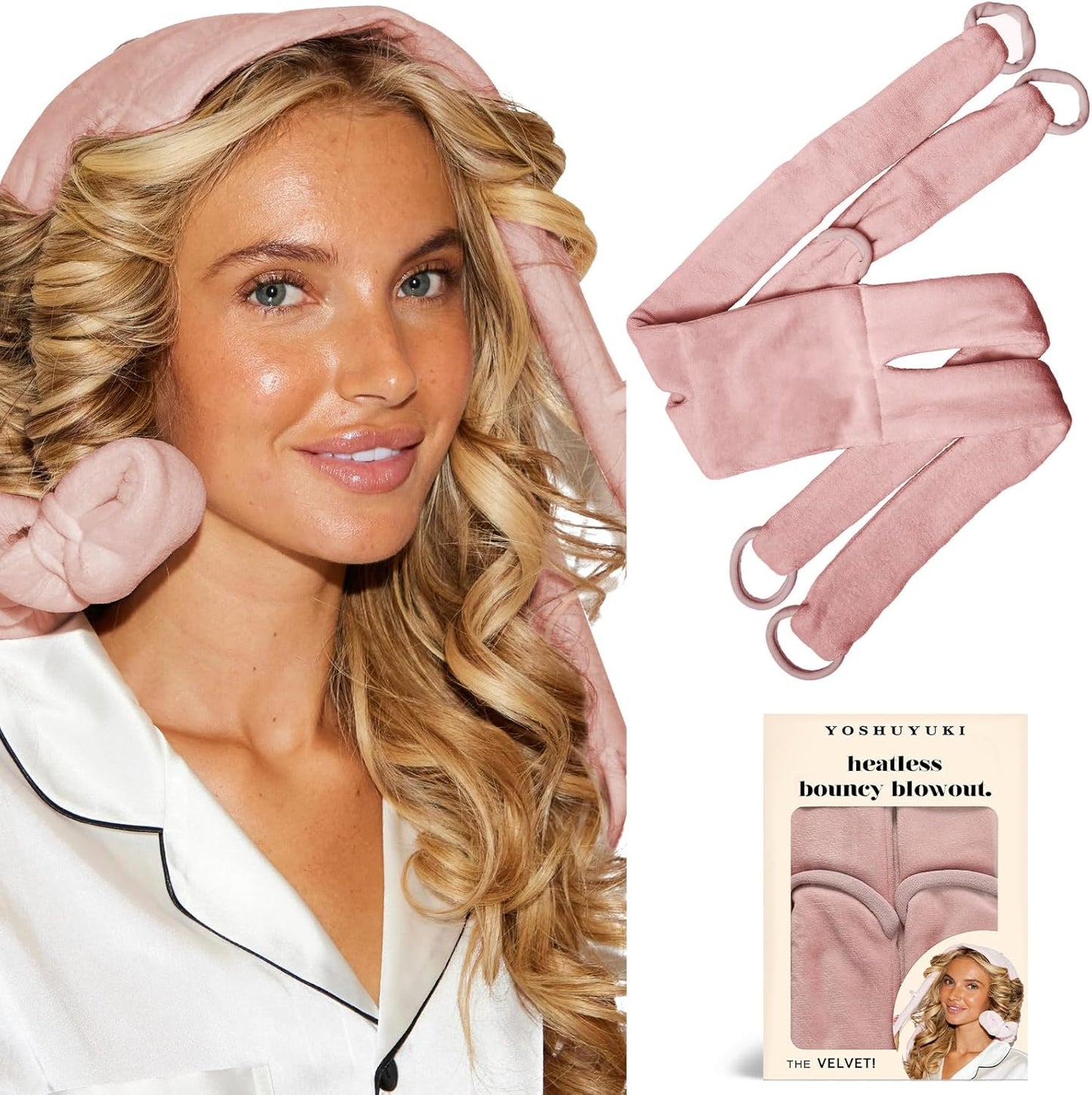 Heatless Hair Curler Curls Overnight Rods No Heat Hair Curlers to Sleep in, Soft Heatless Curling Ribbon Set with Clip Hair Rollers for Blowout Look Long Short Hair, Blush Pink