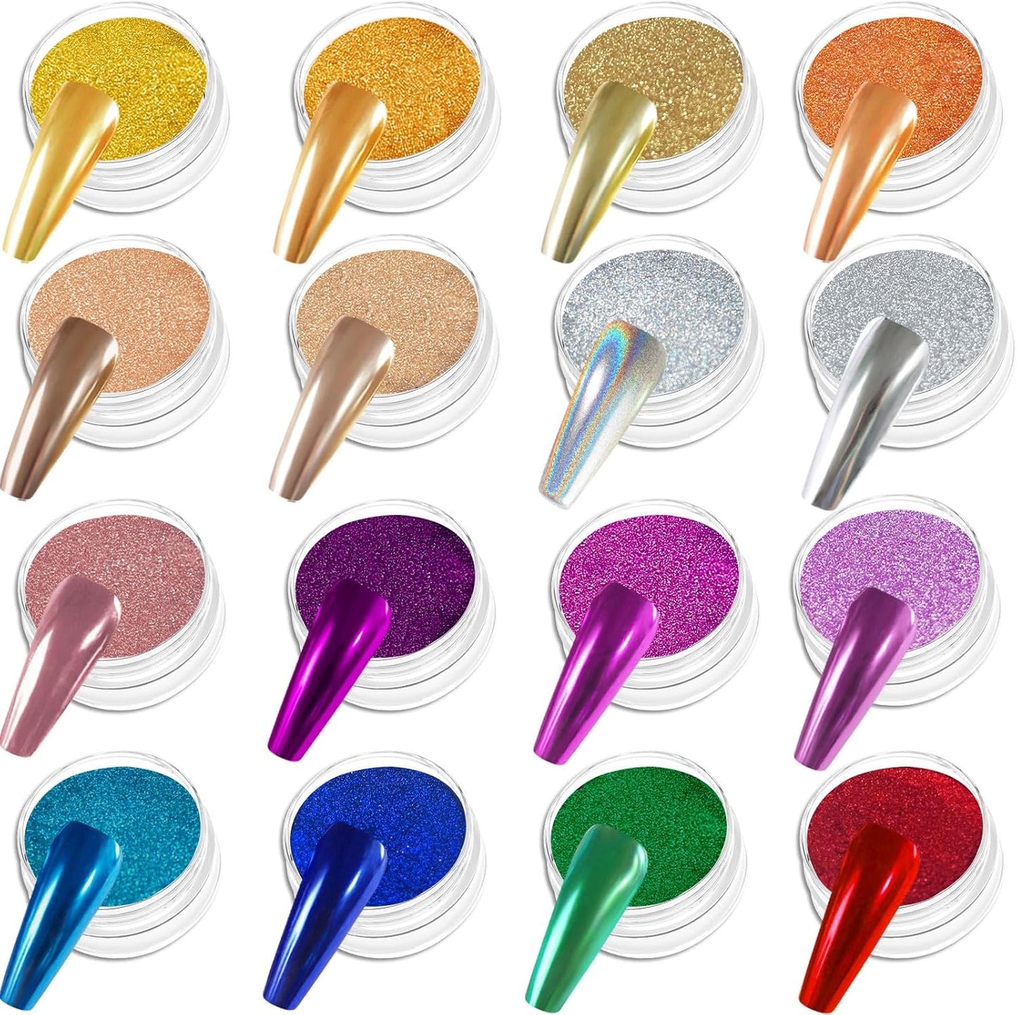Allstarry Chrome Nail Powder Kit - 16 Colors Metallic Mirror Effect Pigment Powder Magic Glitter Dust for Gel Polish Nail Art Decoration with 16 Sponge Sticks