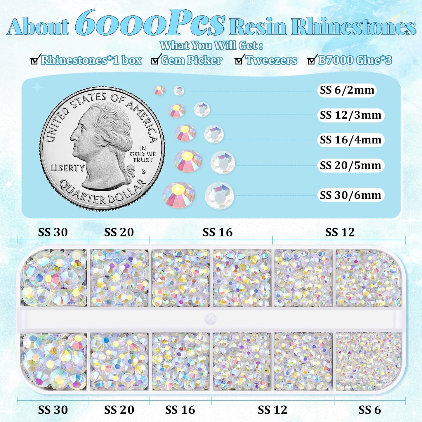 6000Pcs Resin Rhinestones for Bedazzling with 3Pcs B7000 Jewelry Glue, 1 Box Transparent AB Flatback Rhinestones for Crafting Crafts DIY, Crystals Gems for Clothing Shoes Tumblers Nail Art Makeup