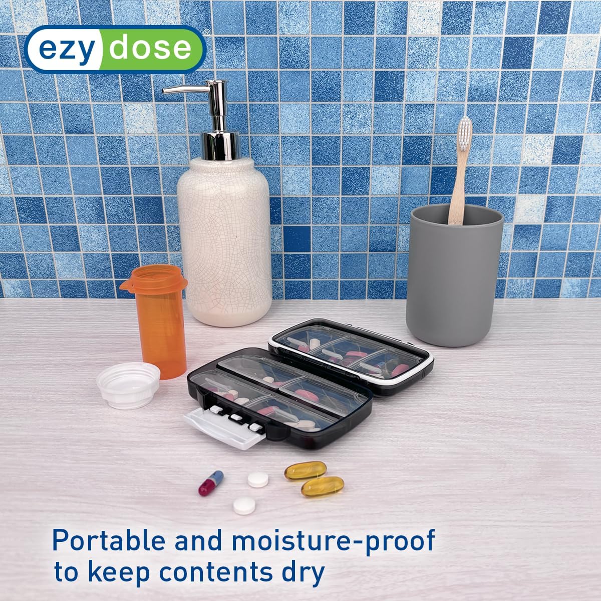 EZY DOSE Moisture-Proof Portable Pill Dispenser, Pocket Purse Organizer, Pharmacy Box, Travel Medication Holder, Latch-Closure to Secure Contents, Oversized Compartments, Airtight Seal, Medium, Black