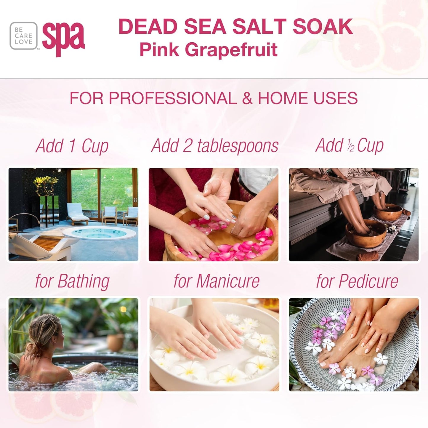 Be Care Love Spa: BCL SPA Energizing Pink Grapefruit Dead Sea Salt Soak with Organic Pink Grapefruit and Organic Argan Oil Made In USA 16 oz