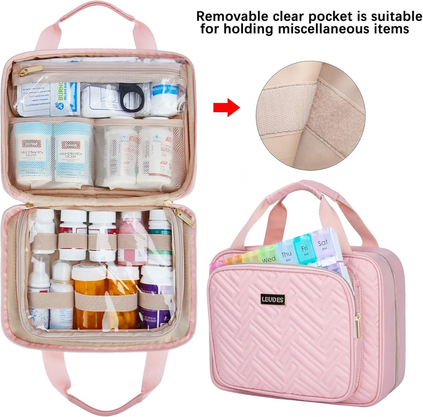 Leudes Travel Pill Bottle Organizer,Medicine Organizer and Storage,Home Medication Bag, Cases,Carrier for Pills,Vitamin,Fish Oil,Supplements for Women and Men (Medium, Pink)