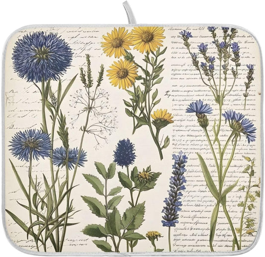 Page Wildflower Vintage Dish Drying Mats for Kitchen Counter Absorbent Microfiber Dish Drying Matt 16 x 18 Inch Draining Reusable Rack Pad