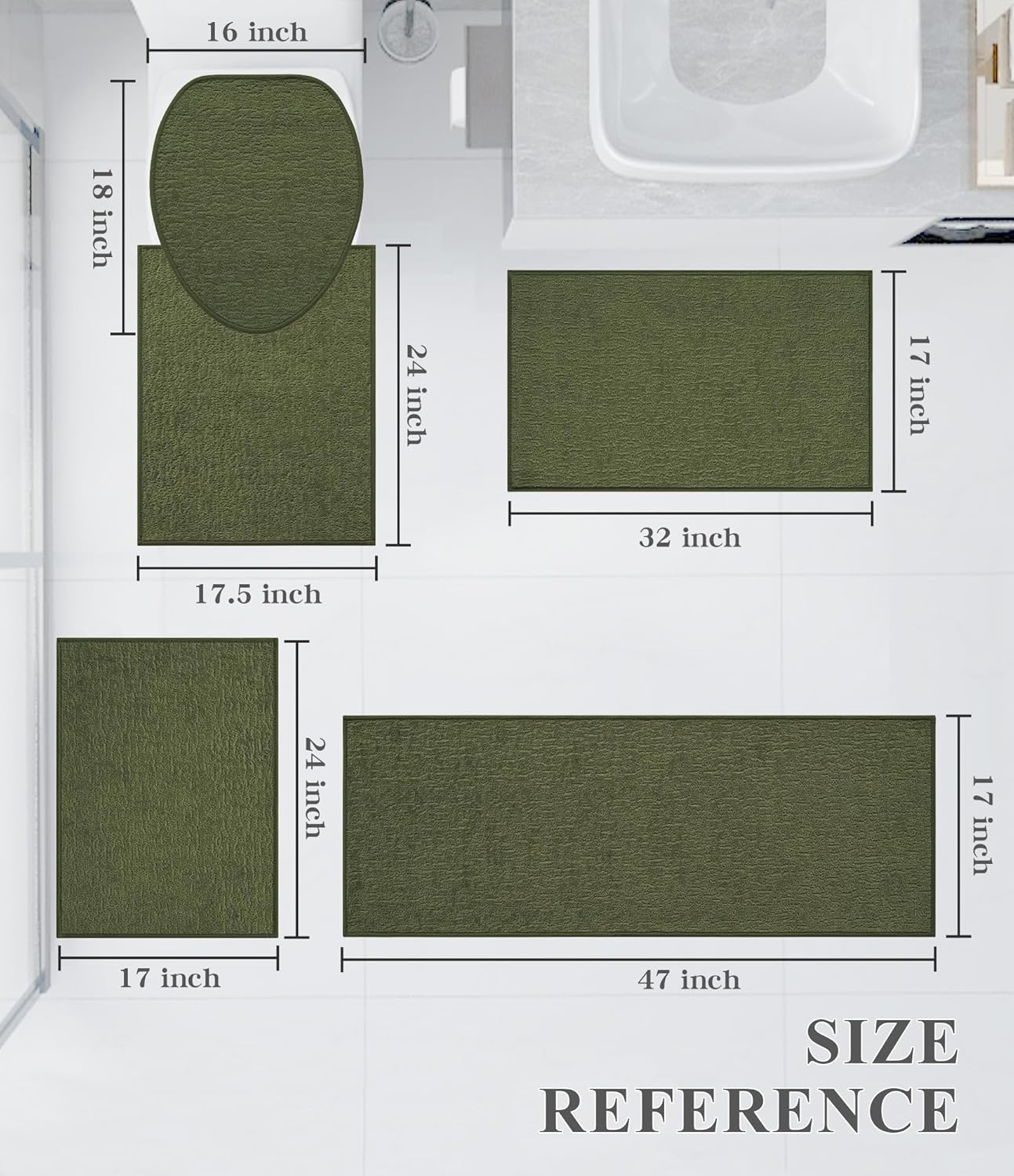 chakme Bathroom Rug Sets 5 Piece, Ultra Thin Bath Mat Quick Dry Bath Mat Set, Absorbent Bath Mat for Bathroom Non Slip Machine Washable, (Dark Green, 5 Piece)