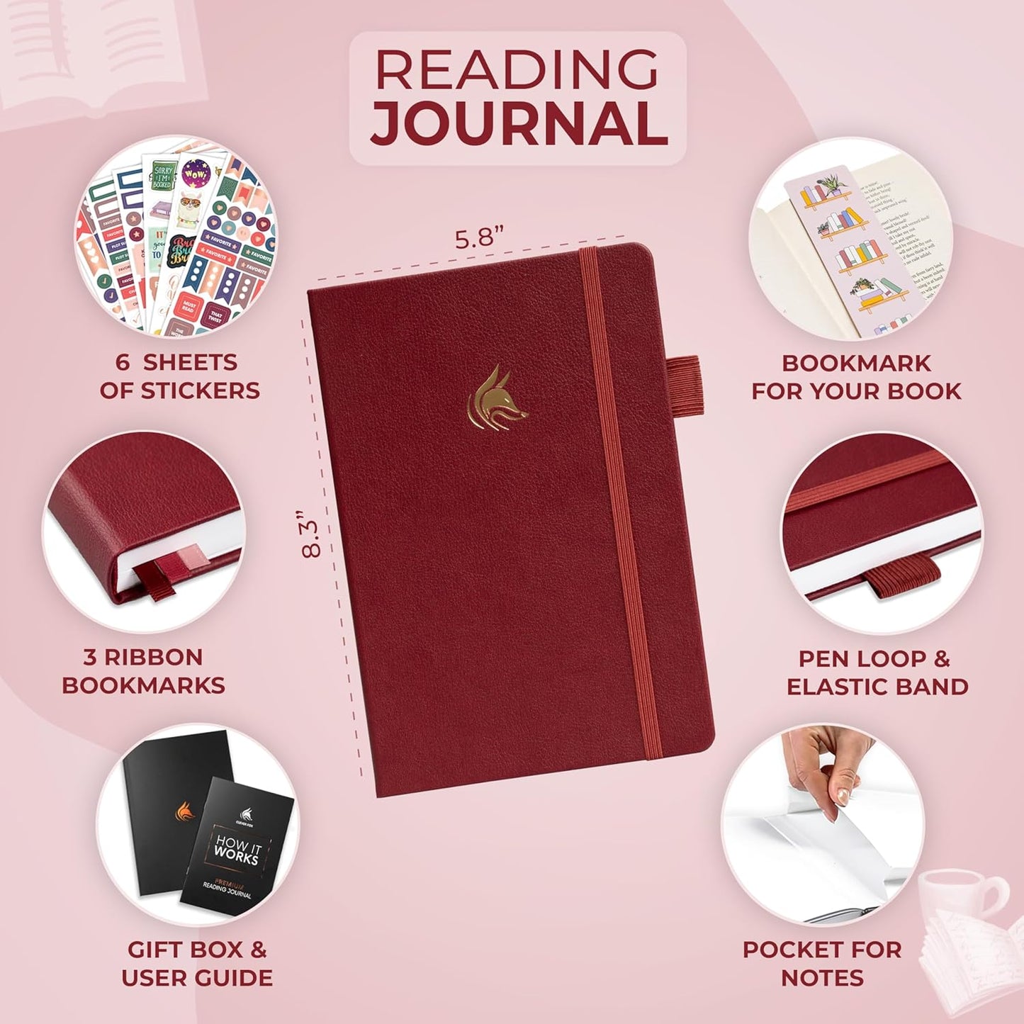 Clever Fox Reading Journal Premium – Review Log Notebook with Reading Tracker – Gifts & Accessories for Book Lovers, Adults & Kids (Burgundy)