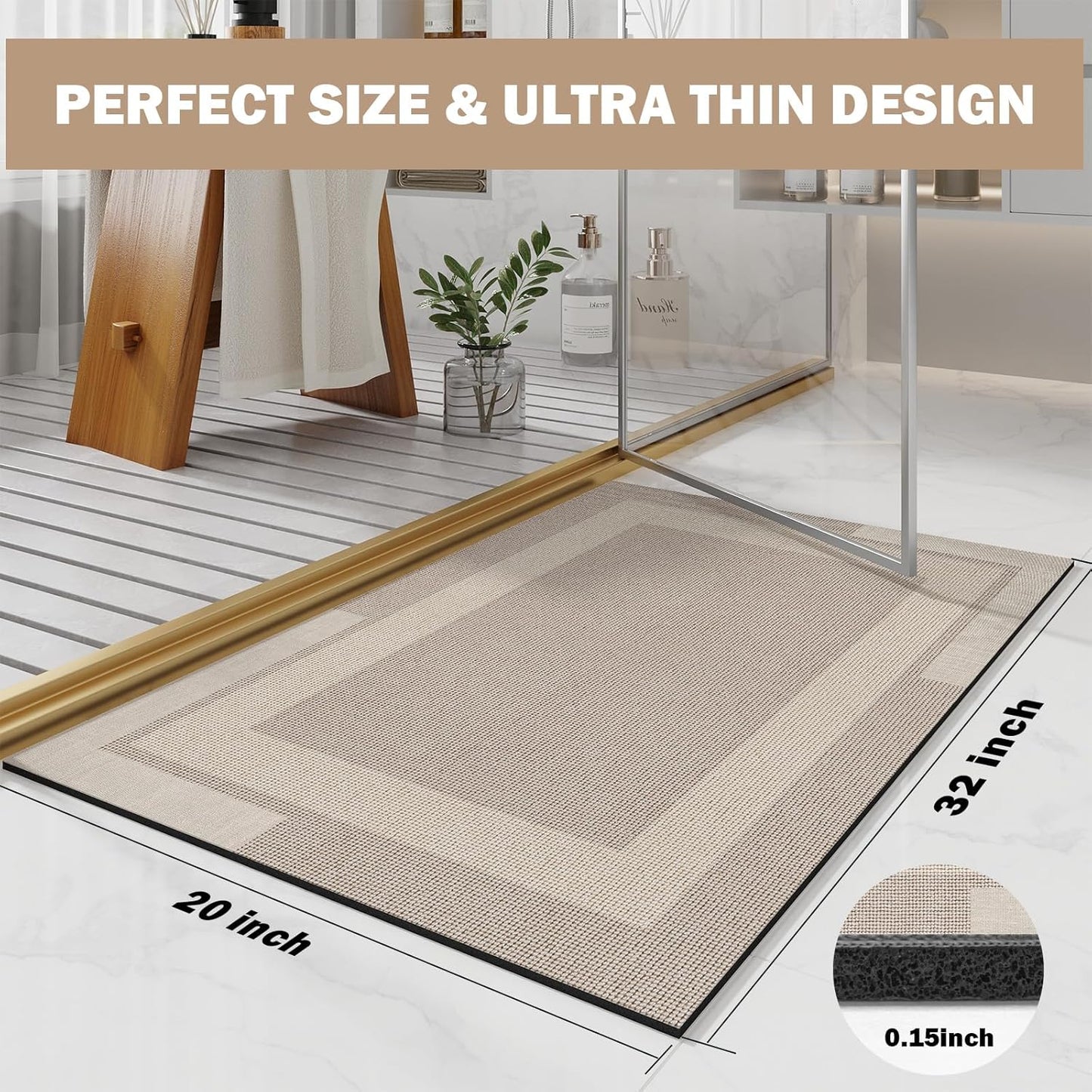 Non Slip Bath Mat, Rubber Backing Ultra Thin Bathroom Rugs Fit Under Door Quick Dry Super Absorbent Washable Bath Rug Shower Mat for Bathroom Floor Bathtub Shower Sink, Easy Care Beige 20"x 32"