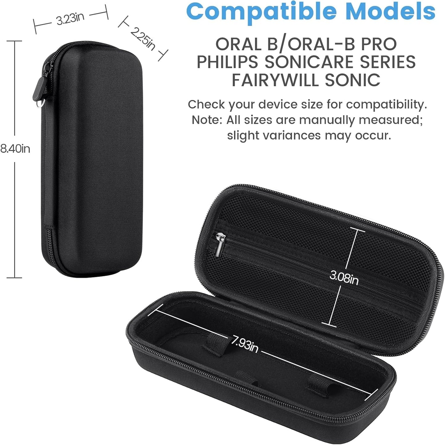 Toothbrush Travel Case Compatible with Oral-B/Oral-B Pro 1000/Philips Sonicare 4100 Electric Toothbrush, with Mesh Pocket for Accessories & 2pcs Toothbrush Head Covers for Protection